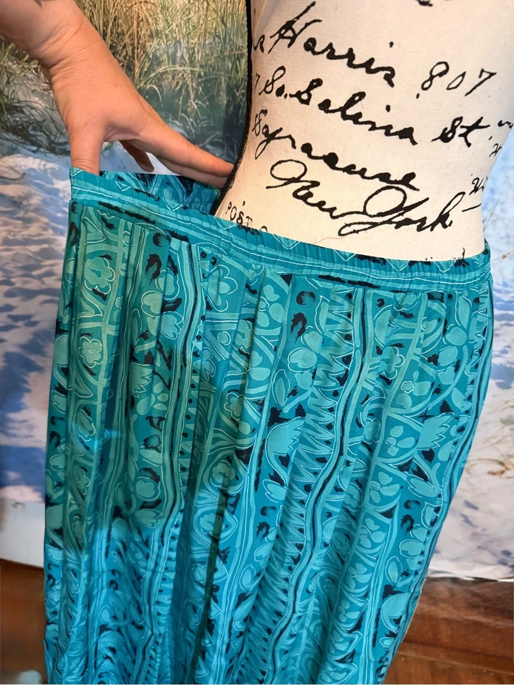 Vintage 90s Leslie Fay Teal Floral-Print Maxi Skirt